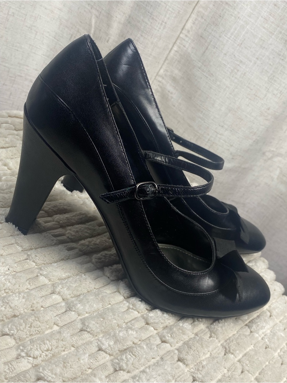 Connie Black Leather Mary Jane Pumps Grosgrain Bow Block Heel Shoes Size 10